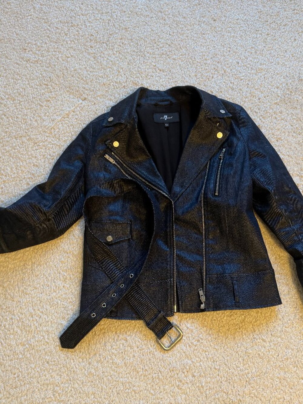 7 For All Mankind Dark Rinse Denim Moto Jacket Belted Asymmetric Zip XS